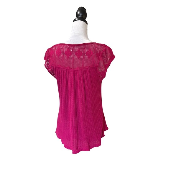 Lucky Brand Magenta Pink Crochet Lace Yoke Gauze Top Short Sleeve Small - Picture 6 of 6